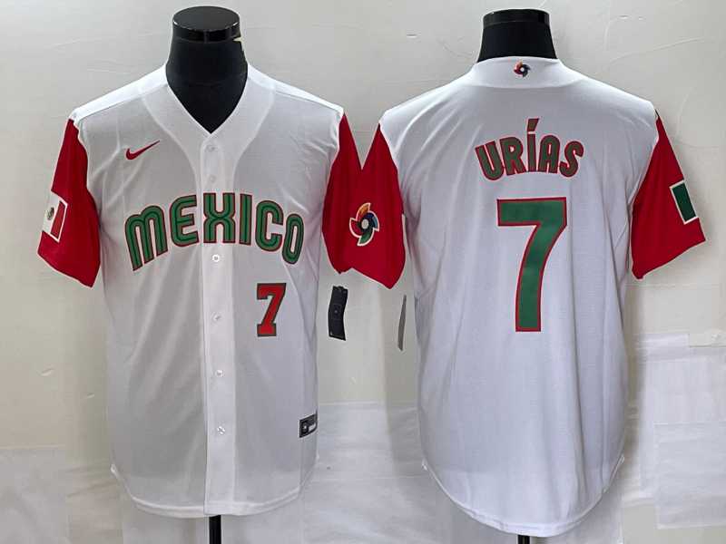 Mens Mexico Baseball #7 Julio Urias Number 2023 White Red World Classic Stitched Jersey52